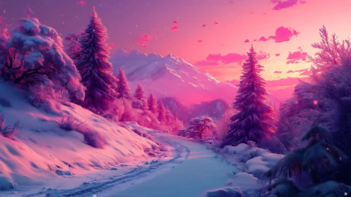 Snowy forest path under pink twilight mountain sky.