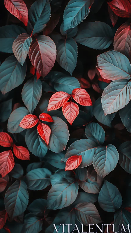 Cyan and vermilion foliage with cinematic tonal contrast
