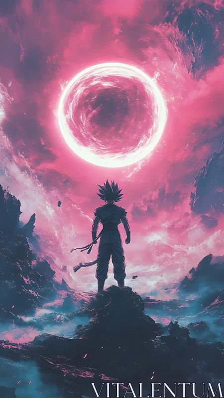 Silhouetted warrior stands beneath glowing pink cosmic portal
