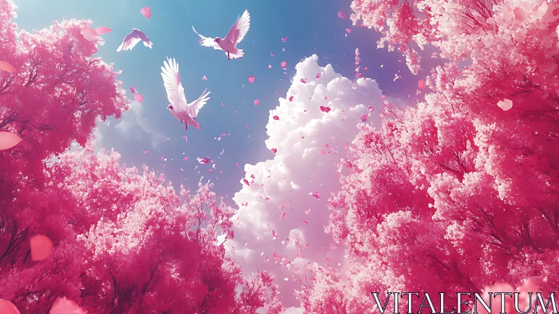 Doves in rose canopy under luminous cumulus skyscape.
