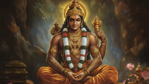 Deified warrior seated in cavernous aureole-lit sanctum.