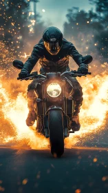 Armored motorcyclist accelerates through cinematic fire burst