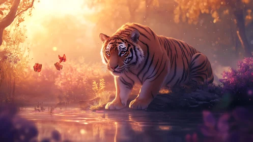 Tiger watches butterflies beside reflective forest water