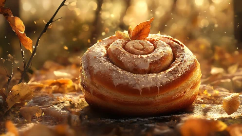Cinnamon Roll with Autumn Leaves in Golden Light.