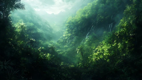 Lush Forest Valley with Misty Waterfalls and Mountain Light