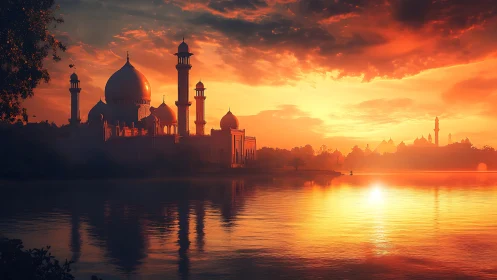 Digital painting of lakeside domed palace at ember sunset.