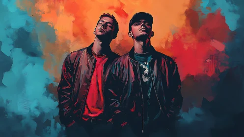 Two urban figures stand defiant against neon painted skies