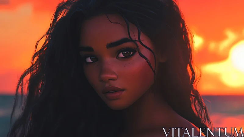 Sunset glow around a thoughtful girl by the ocean shore.