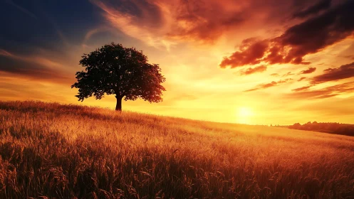 Solitary deciduous tree on sunlit wheat field at vivid sunset