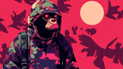 Hooded primate figure in camouflage amid silhouetted birds.