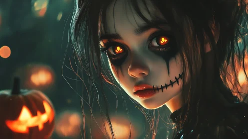 Haunted girl with glowing eyes stands amid jack o lanterns
