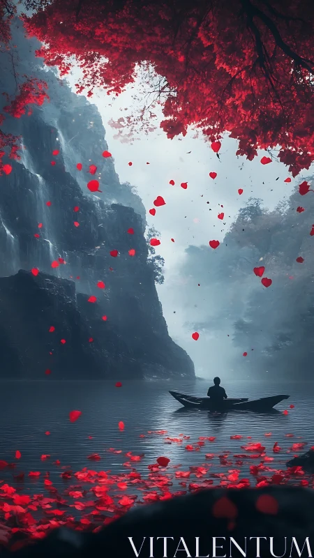 Solitary boat adrift beneath scarlet falling dreams.