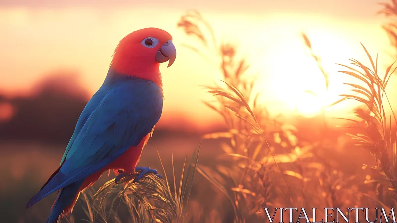 Vibrant parrot in sunset grassland, dreamy nature photography style.