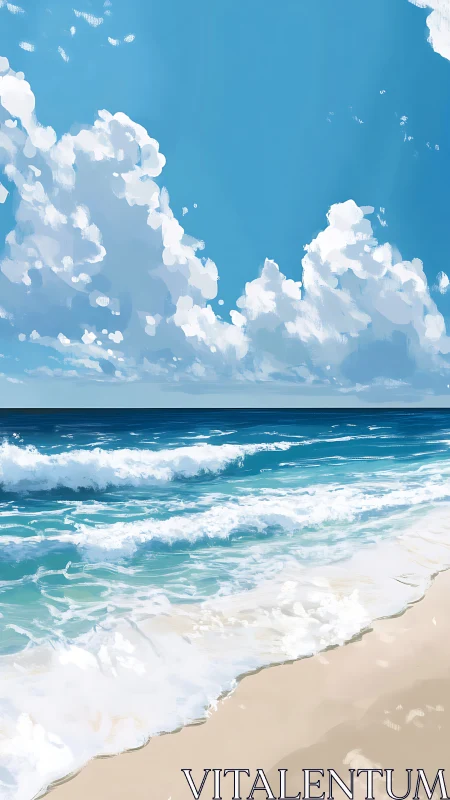 Coastal surf under cumulus sky in luminous digital seascape.