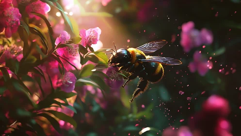 Sunlit bumblebee pirouettes through blooming pink petals.