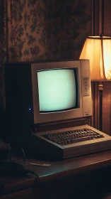 Vintage desktop computer glows softly in warm lamplight.