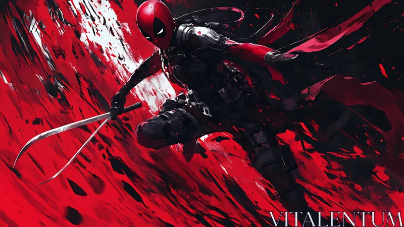 Scarlet-masked antihero lunging through abstract carnage.