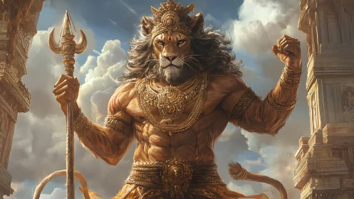 Lion-headed warrior deity in ornate temple clouds panorama.