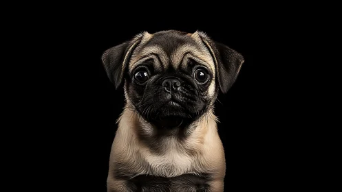 Pug puppy portrait glows gently against deep black background