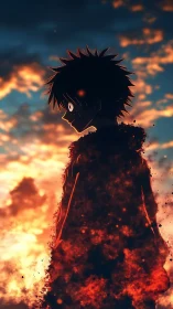 Silhouetted anime hero burns against a blazing sunset sky