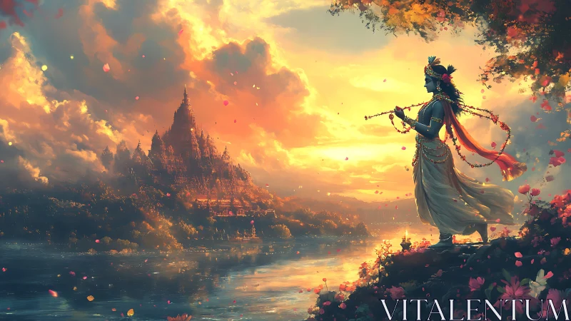 Divine flutist over luminous river before celestial temple.
