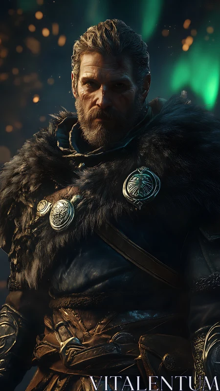 Aurora-lit Viking warlord wrapped in storm-black furs.