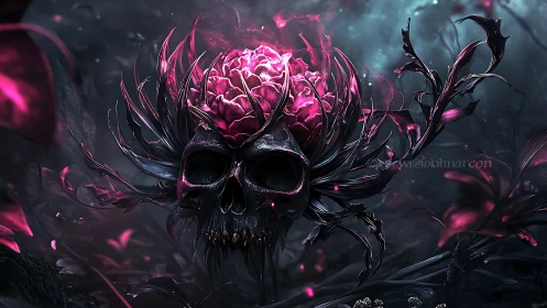 Skull-shaped floral growth with luminous magenta core.