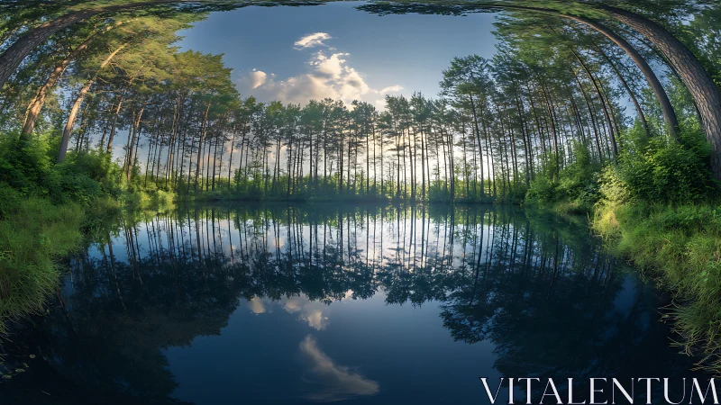 Panoramic conifer forest reflected in still pond water.