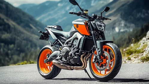 Sport naked motorcycle stands on mountain road in daylight