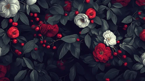 Red and White Peonies Bloom Among Dark Foliage