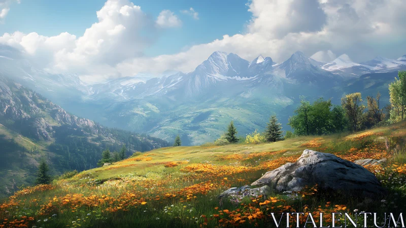 Photoreal alpine meadow vista with receding mountain range.