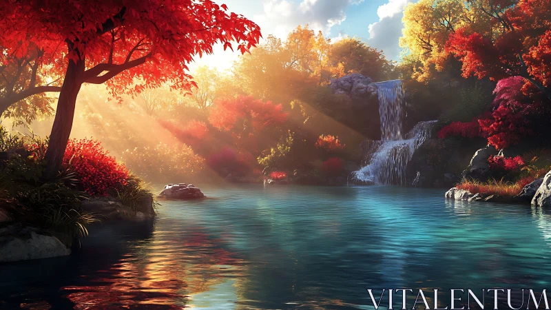 Digital painting of autumn waterfall cove with radiant light.