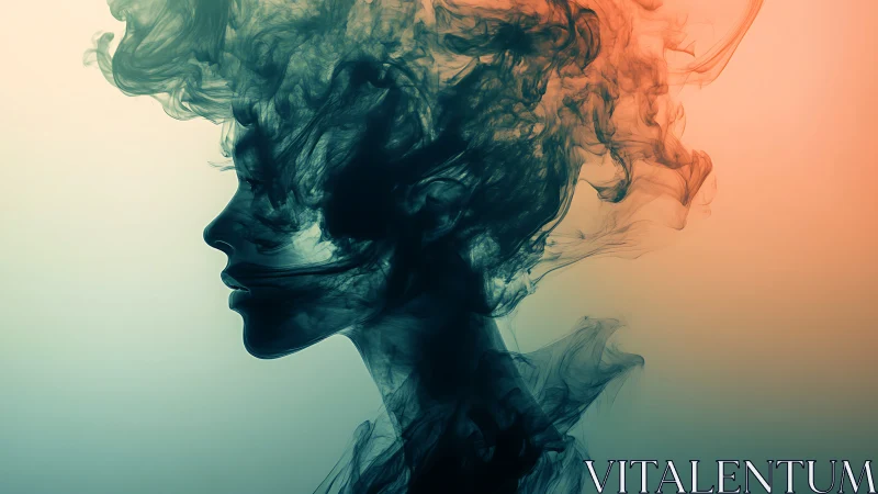 Smokelike female profile seamlessly morphs into abstract vapor