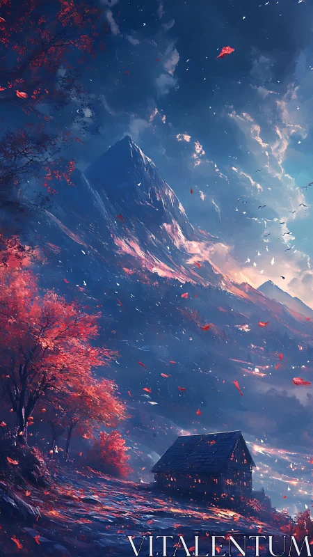 Nocturnal alpine cabin beneath chromatic storm of leaves.