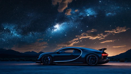 Sports car parked on desert road under dense night sky.