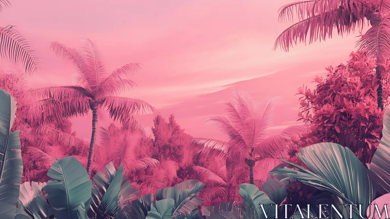 Dreamlike neon pink tropical jungle under pastel sky.