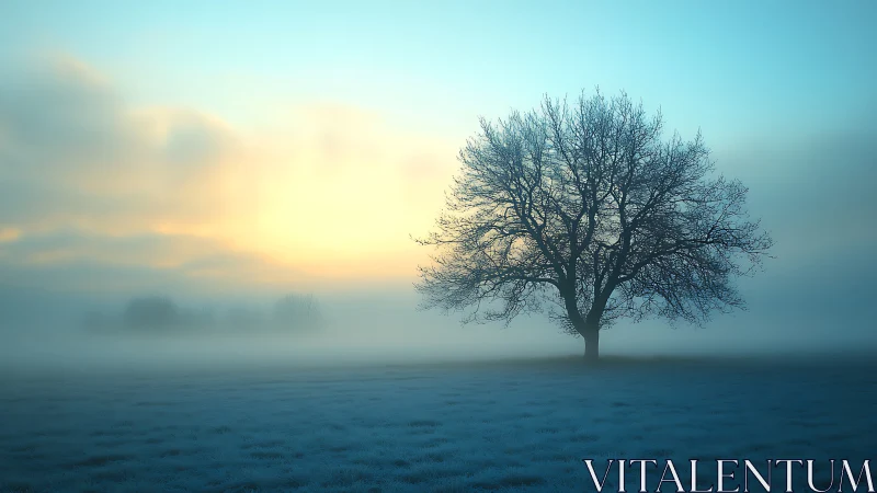 Solitary winter tree stands in mist at tranquil sunrise