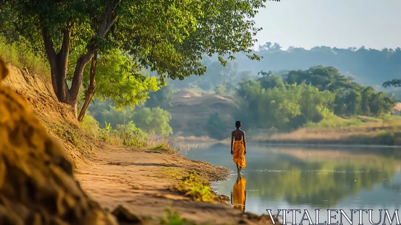 Solitary monk walking riverbank under lush green canopy.