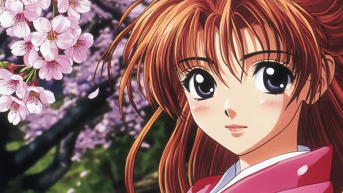 Anime girl in pink kimono stands beside blooming cherry blossoms