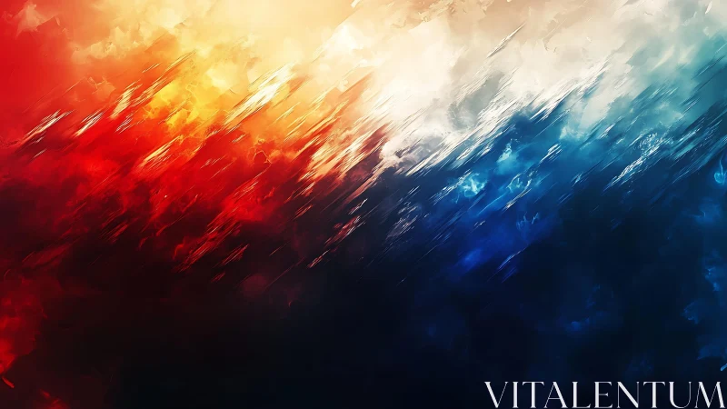 Dynamic Abstract Painting with Fiery Red and Cool Blue Streaks.