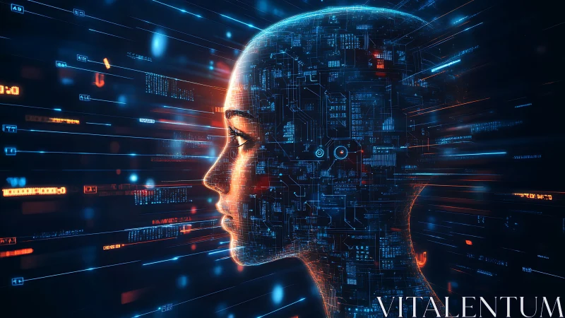 Cyberpunk neural interface profile with luminous data schematics.