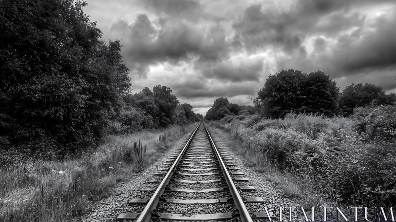 Quiet railway path stretching into a moody, clouded horizon.
