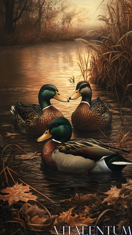 Peaceful trio of autumn ducks drifting on a golden creek.