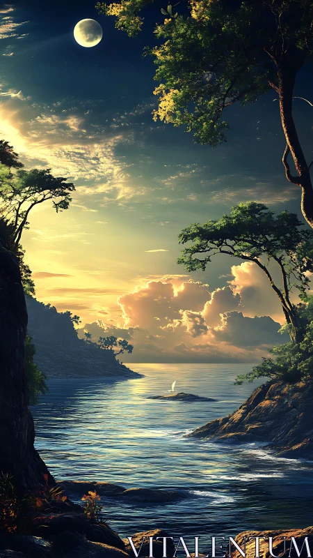 Moonlit tropical cove glowing with gentle sunset magic.