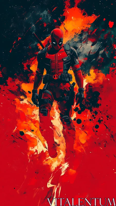 Bold masked antihero strides through swirling red flames