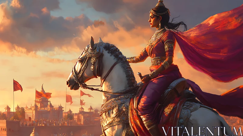 Warrior queen on armored steed surveys citadel at sunset
