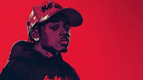 Stylized portrait of young man in cap on bold red background.