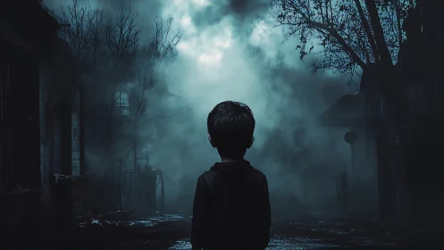 Silhouetted child stands in foggy night street under trees