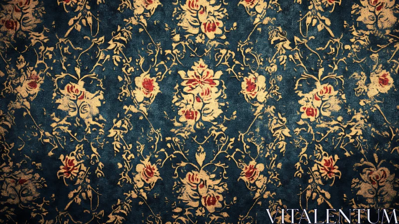 Vintage floral damask pattern on distressed blue fabric.