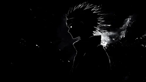 Silhouette of spiky haired anime figure on dark background.